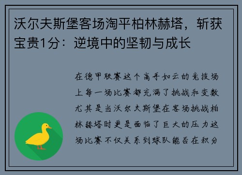 沃尔夫斯堡客场淘平柏林赫塔，斩获宝贵1分：逆境中的坚韧与成长